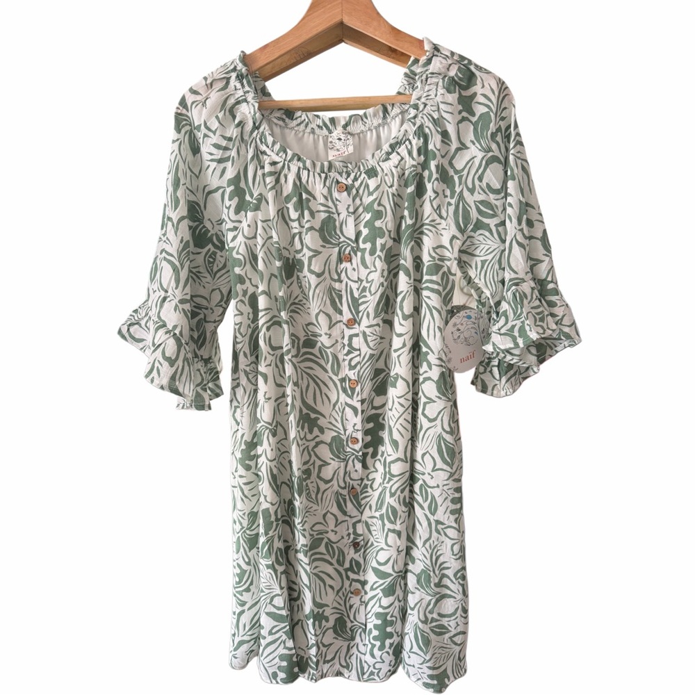 NAIF Anthropology Green and White Floral Pullover Dress